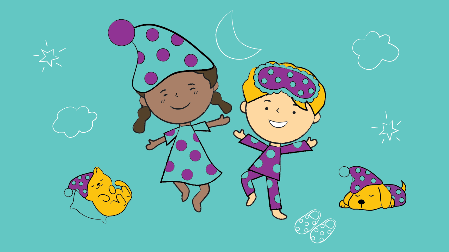 Illustration of a boy, a girl, a dog and teddy bear in pyjamas