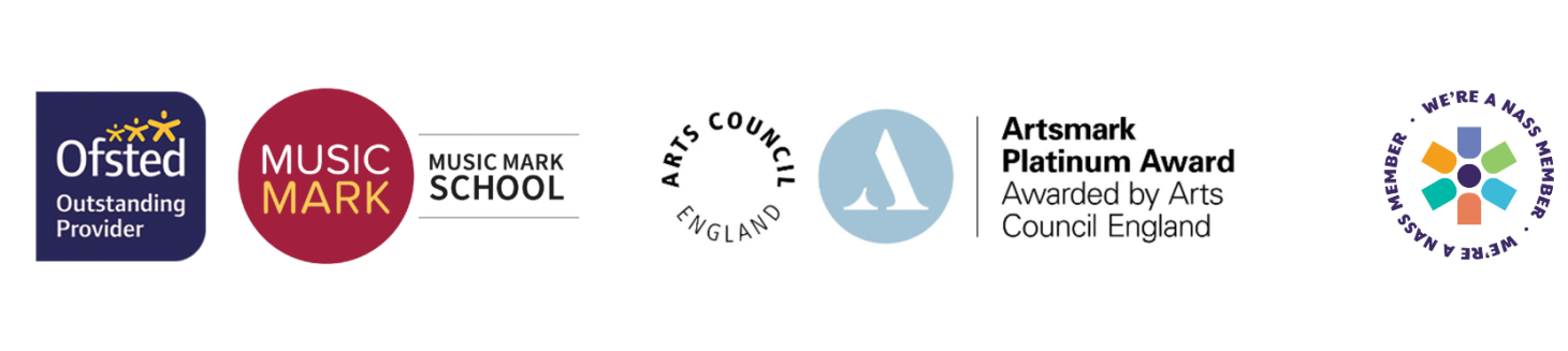 Ofsted Outstanding provider, Music Mark, Artsmark and NASS logos