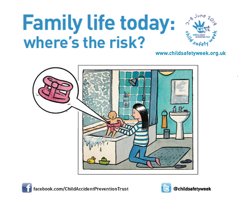 cartoon of a mother giving her baby a bath and the text reads: Family life today: where's the risk?
