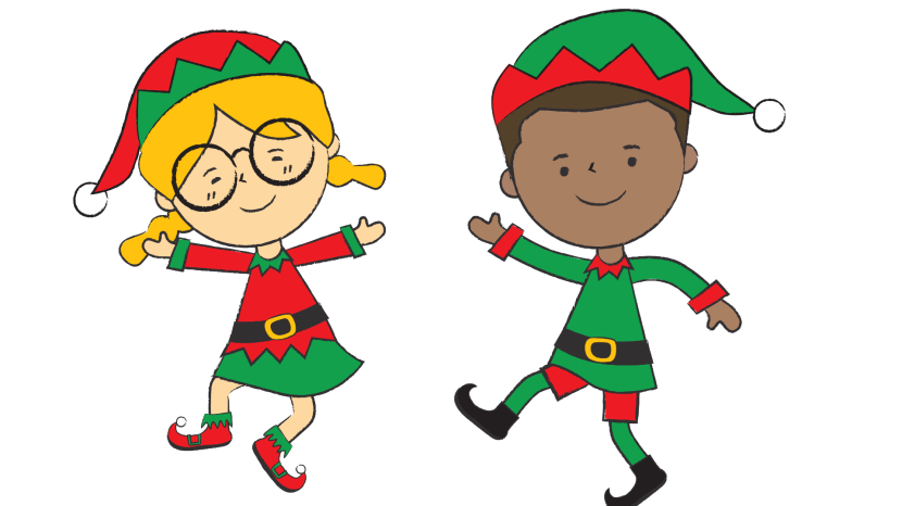 A boy and girl elf jumping.