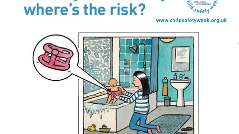 cartoon of a mother giving her baby a bath and the text reads: Family life today: where's the risk?